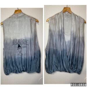 H Trend Silk Blue Tie Dye Draped Tank Blouse W/ Graphic & Chinese Proverb Small